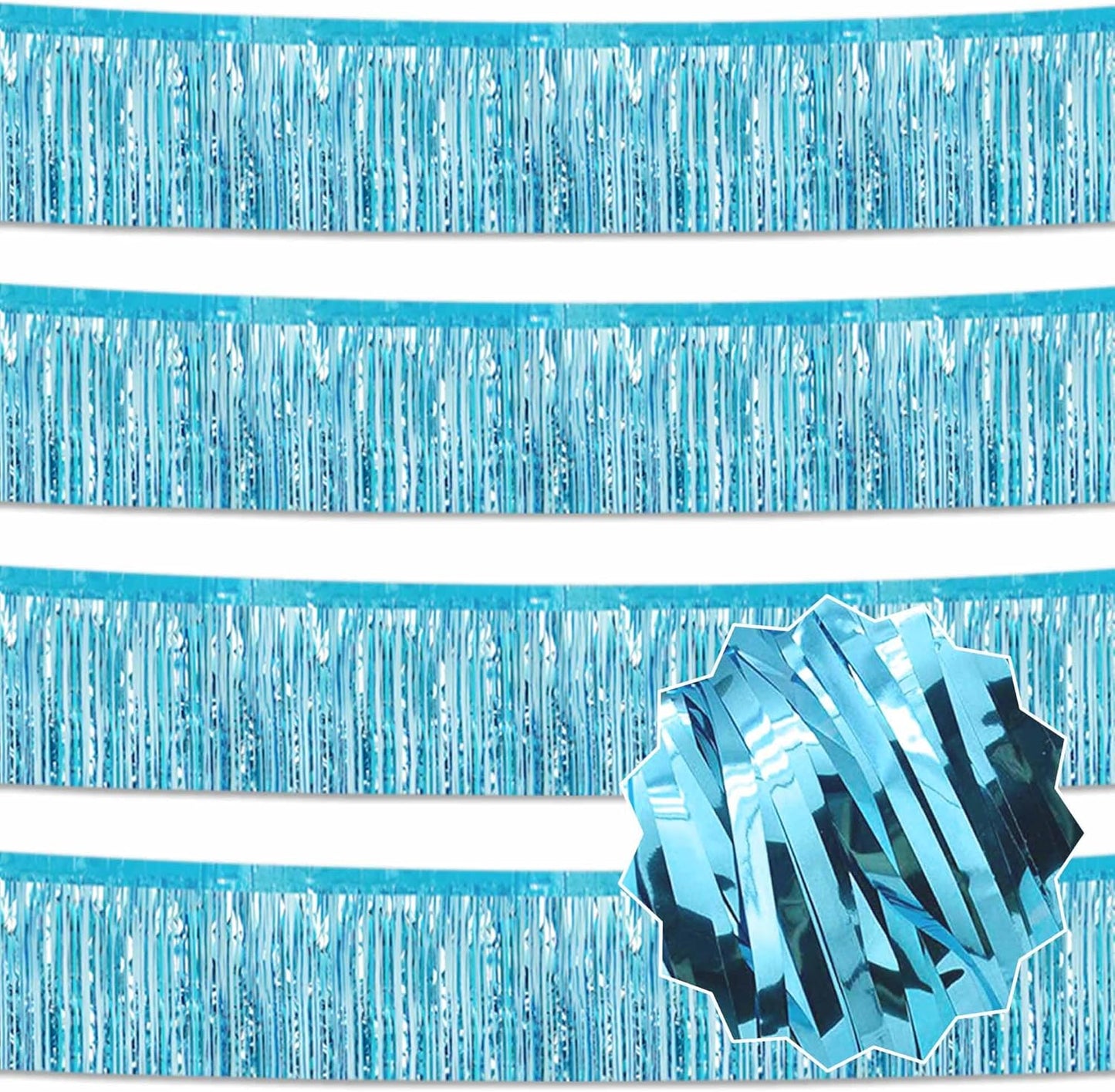 4 Pack 10 Ft Light Blue Foil Fringe Garland Metallic Streamers Tinsel Banner Wall Hanging Garland Backdrop for Parade Floats, Halloween, Christmas, Thanksgiving, New Year Party Decorations