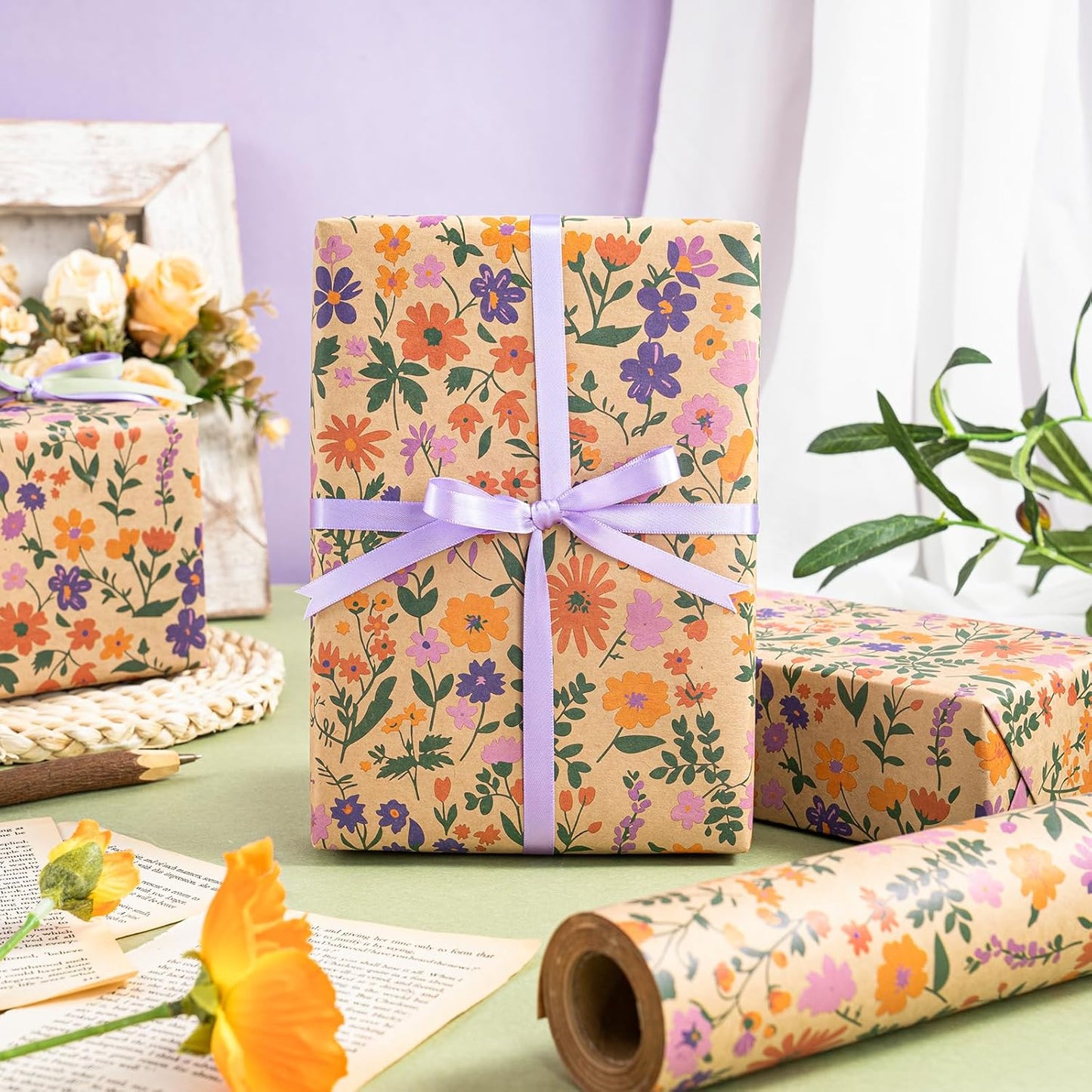 WRAPAHOLIC Kraft Floral Wrapping Paper Roll - Mini Roll - 17 Inch x 16.5 Feet - Vintage Flower Wrapping Paper, Perfect for Wedding, Birthday, Bridal Shower, Tea Party