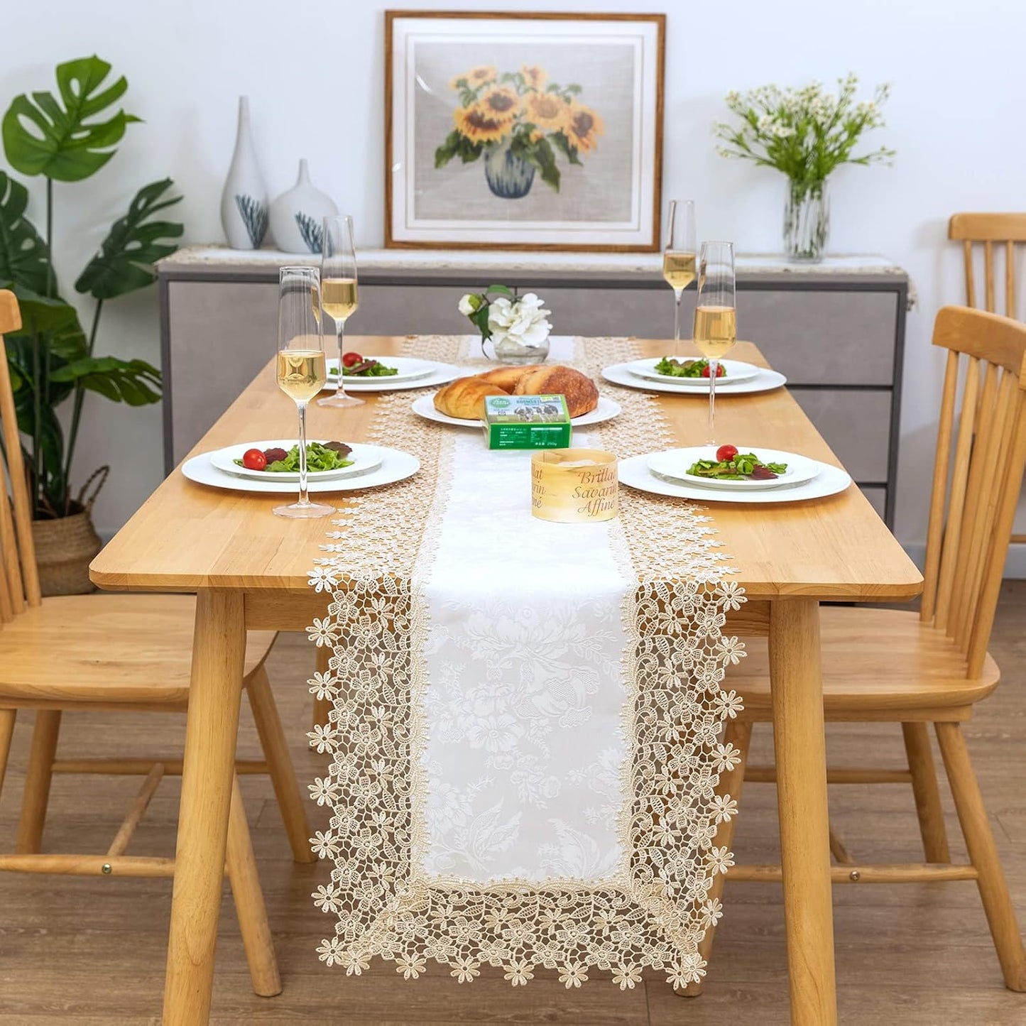 Beige lace Premium Rectangle Farmhouse Table Runner Waterproof OilProof SpillProof AntiShrink Soft Wrinkle Resistant Decorative Fabric Table Cover Kitchen Dinning Party Wedding Banquet