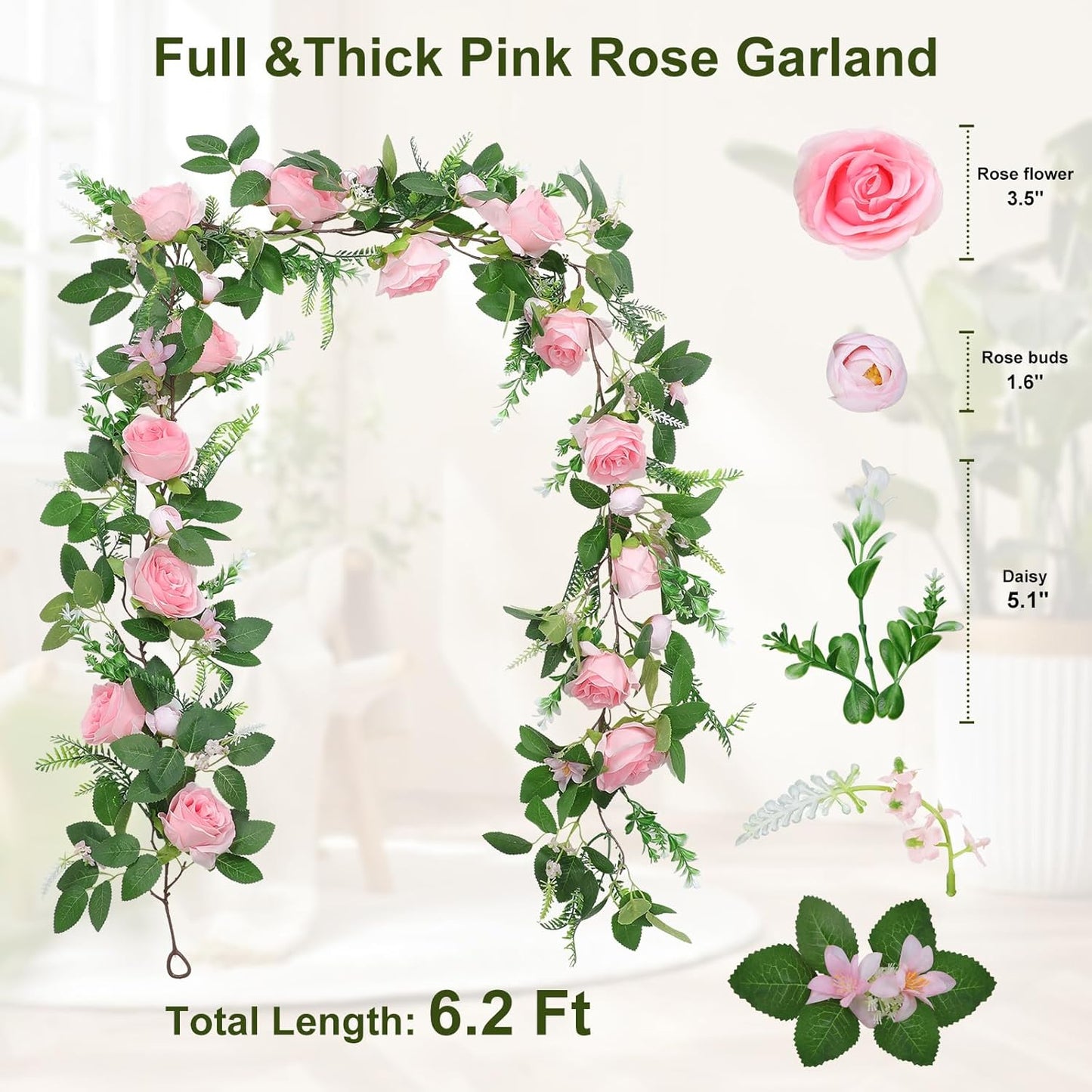 Naidiler Full Pink Flower Garland, 6.2FT Artificial Rose Floral Vine Pretty Spring Pink Flower Garland for Wedding Arch Decor Home Backdrop Wall Table Centerpiece Valentines Decoration
