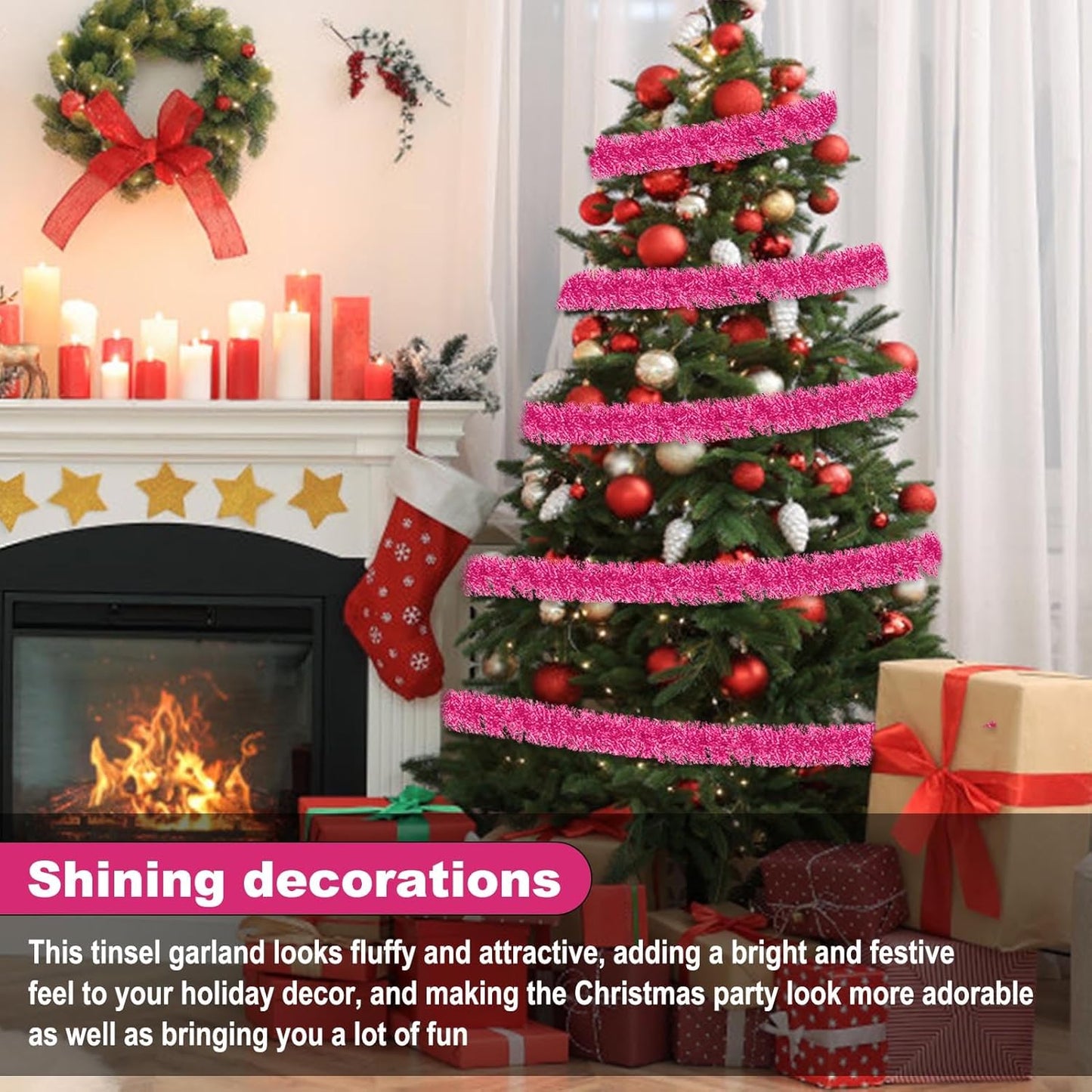 50 Feet Pink Christmas Tinsel Garland, Metallic Foil Twist Garland Wall Hanging Tinsel Banner Backdrop for Parade Floats, Easter, Mother's Day, Wedding Party Decorations (2in x 50ft)