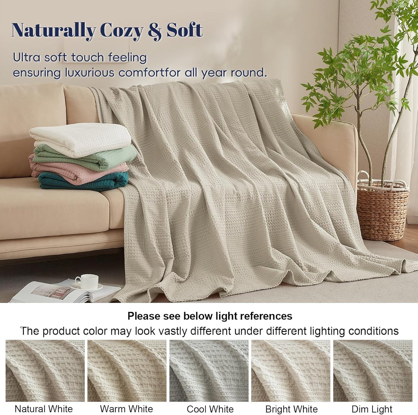 PHF Lightweight Waffle Weave Blanket Twin Size, Breathable & Ultra Soft, 66"x 90" Soft & Cozy Thin Blanket for All Season & Hot Sleepers, Bed, Home Decor - Natural