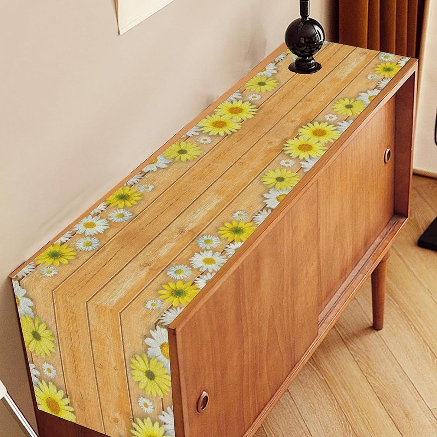 Farmhouse Floral Table Runner, Spring Seasonal Yellow Daisy Sunflower Retro Wooden Country Table Center Decor for Home Kitchen Dining Patio Holiday Party Table Decorations, 13"x36" Inch