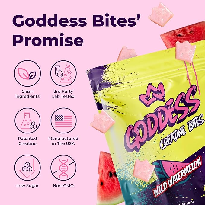 Goddess Creatine Gummies – Low-Sugar Chewable Creatine for Women | Booty and Muscle Builder, Faster Recovery, Strength | High-Potency Wild Watermelon Flavor – 150 Bites (5g per Serving)