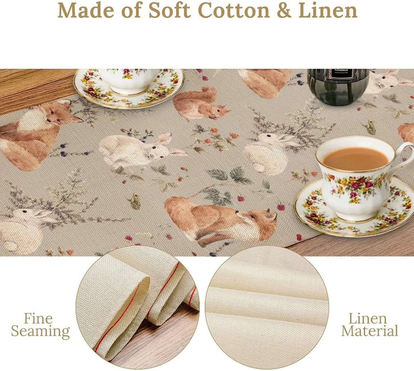 Rustic Woodland Table Runner, Farmhouse Forest Animals Country Lodge Wild Hunt Deer Fox Table Center Decor for Home Kitchen Dining Patio Holiday Party Indoor Outdoor Table Decorations, 13"x108" Inch