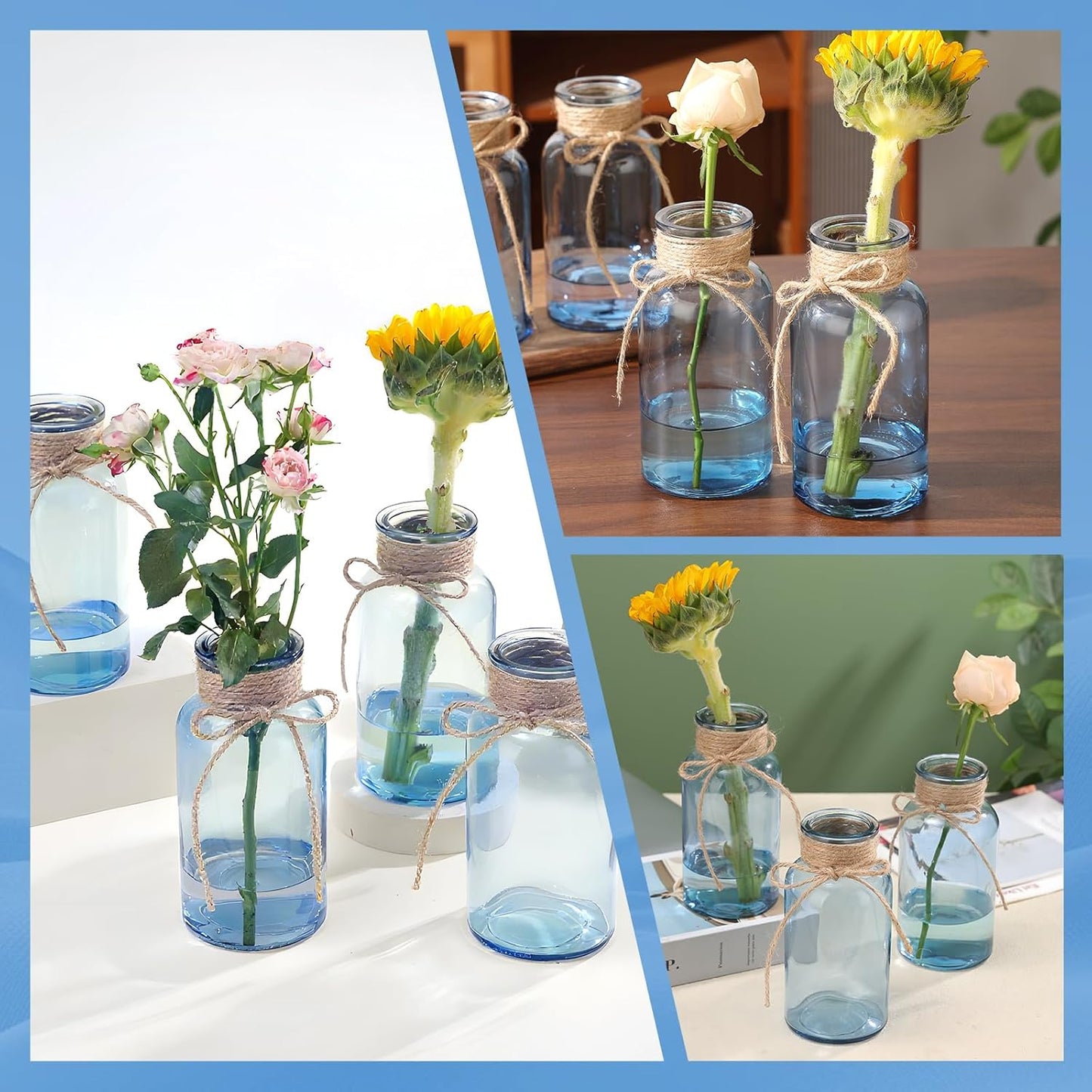 Blue Glass Flower Vases for Centerpieces Set of 12, Mason Jars Boho Cylinder Bud Vases in Bulk, for Weddings Parties Vintage Home Decor