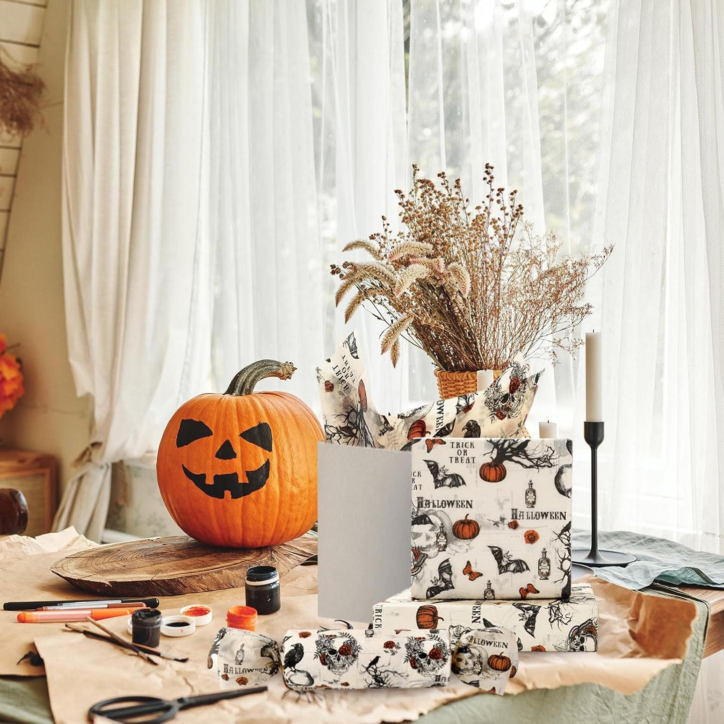 JarThenaAMCS 60 Pcs Halloween Tissue Paper Retro Gothic Skull Crow Pumpkin Wrapping Paper Decorative Art Tissue for Home Party Trick or Treat DIY Crafts, 14 x 20 Inch