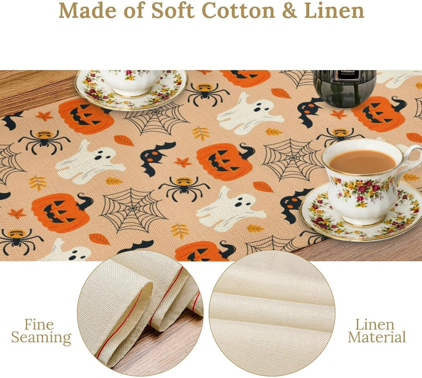 Halloween Table Runner,Cute Ghost Pumpkin Leaves Table Runner for Kitchen Dining Table Decoration Home Party Decor 13x108 Inch