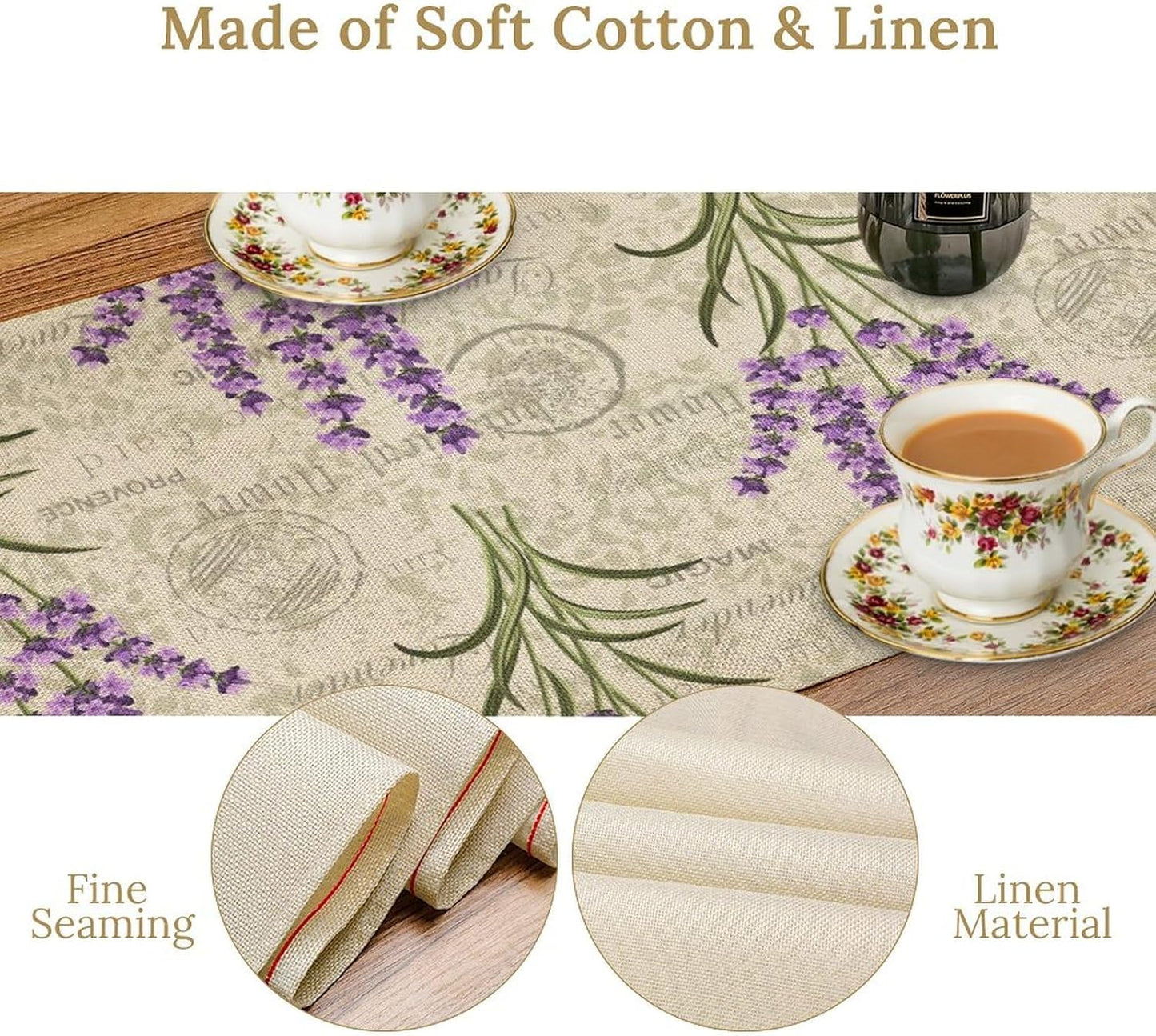 Floral Lavender Table Runner,Vintage Rustic Country Romantic Purple Flower Pattern Print Burlap for Hotel Indoors Outdoor Dining Room Kitchen Home Decor, 13x80in