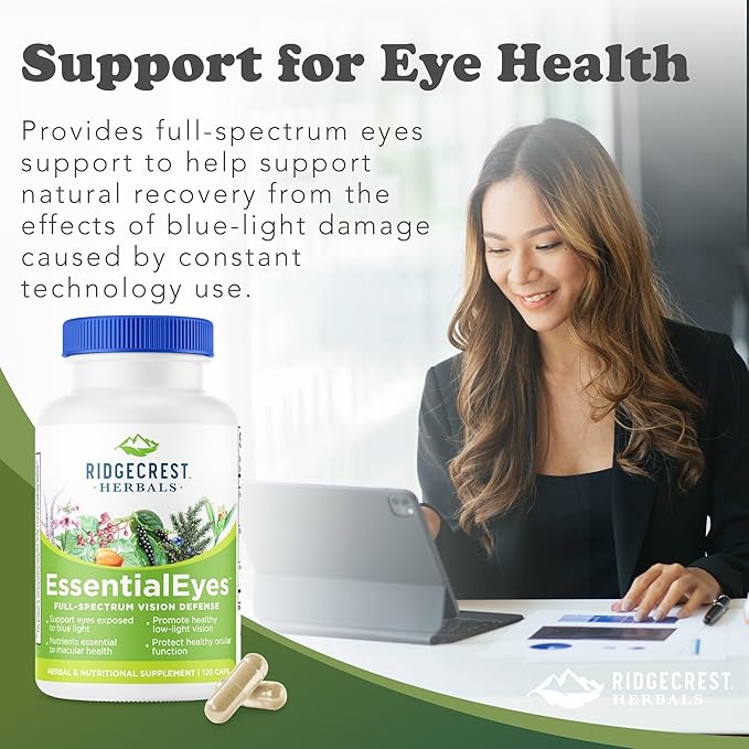 Ridgecrest Herbals EssentialEyes, Natural Eye Vitamin Supplements, Contains Lutein, Zeaxanthin, Bilberry Extract, Supports Eye and Vision Health (120 Vegan Caps, 30 Serv)