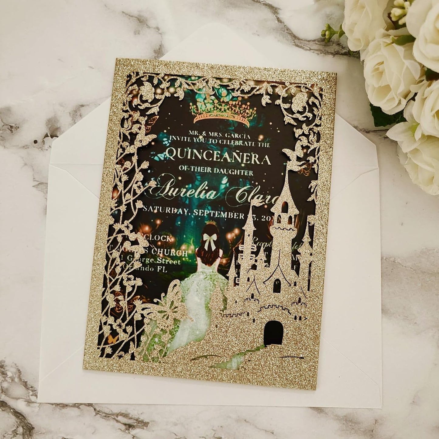 20PCS Castle Pocket Invitations, Quinceanera Invitations with Envelopes, Princess Invitation, Laser Cut quince invites (glitter light gold)