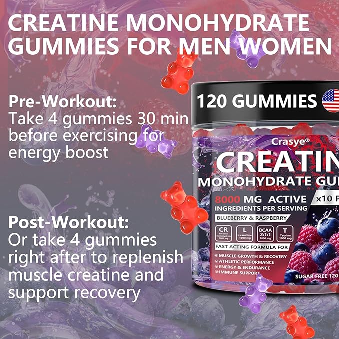 Creatine Monohydrate Gummies Complex 8000 MG for Men Women, Creatine Gummy with Taurine BCAA for Energy Support and Muscle Strength, Sugar Free Pre-Workout Supplement
