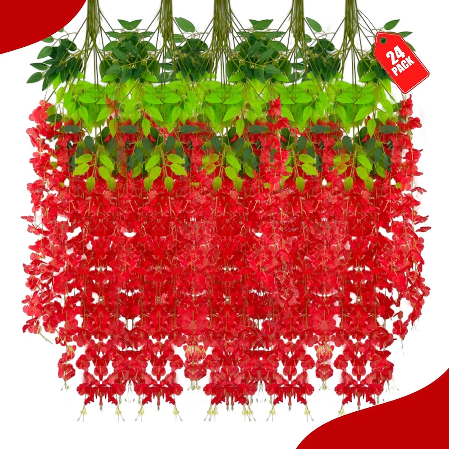 24 Pack Red Wisteria Hanging Flowers, 3.4 Ft Fake Hanging Flowers, Artificial Wisteria Garland Vines for Wedding Room Backdrop Outdoor Patio Garden Decoration