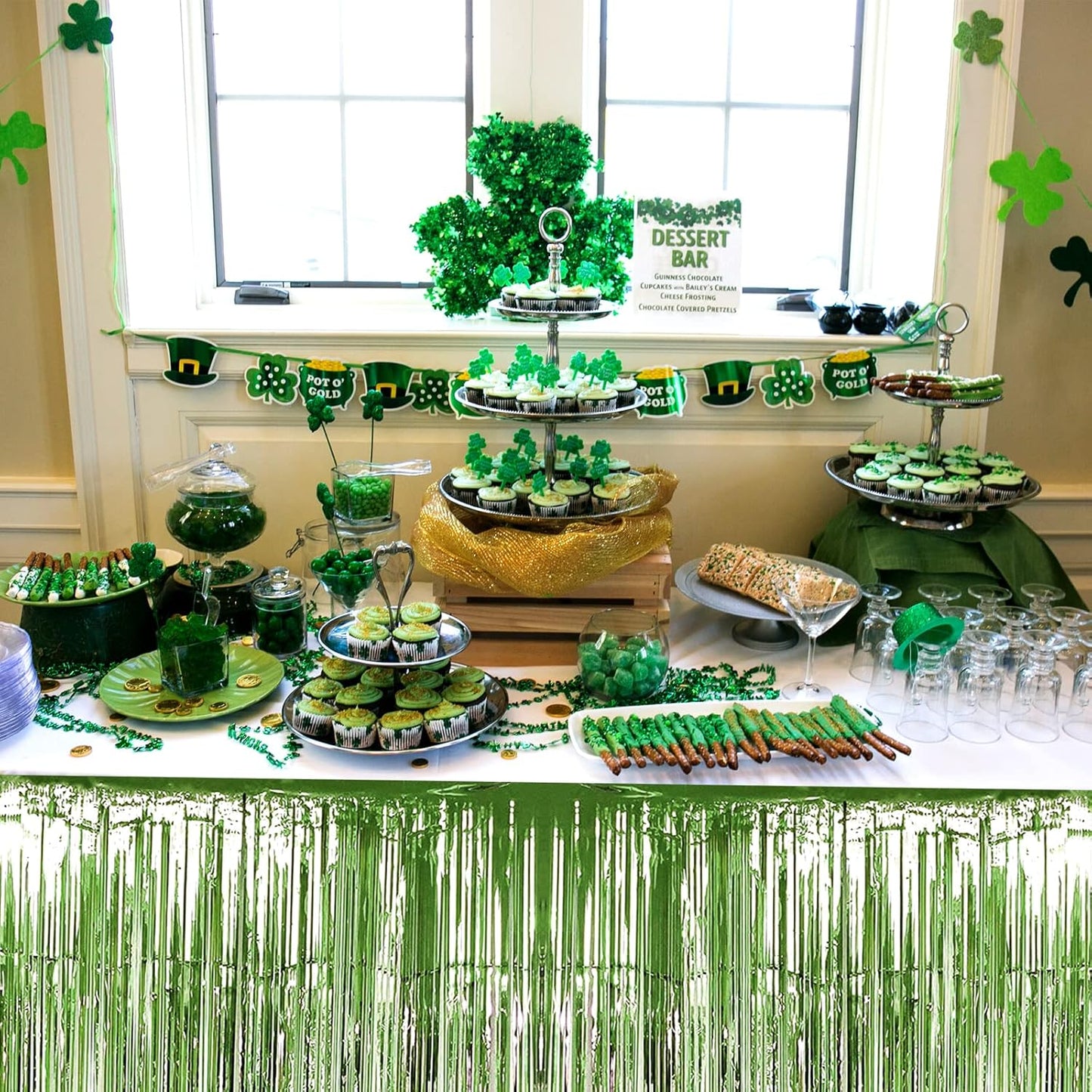 4 Pack 29x108 Inch Metallic Foil Fringe Tinsel Table Skirts for Rectangle Tables Streamer Backdrop for Wedding, Birthday, Parade Floats, Christmas, Halloween Party Decoration(Light Green)