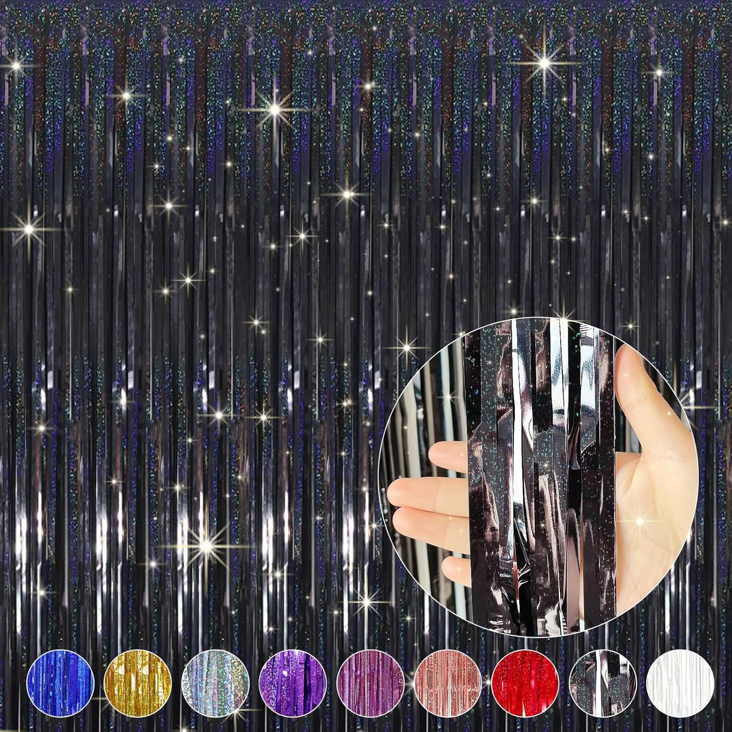 QRabbit 4 Pack Black Tinsel Foil Fringe Curtains - 3.3x6.6 Ft Metallic Party Streamers Backdrop for Birthday Wedding Christmas Party Decor, Self-Adhesive Photo Booth Wall Door Decorations