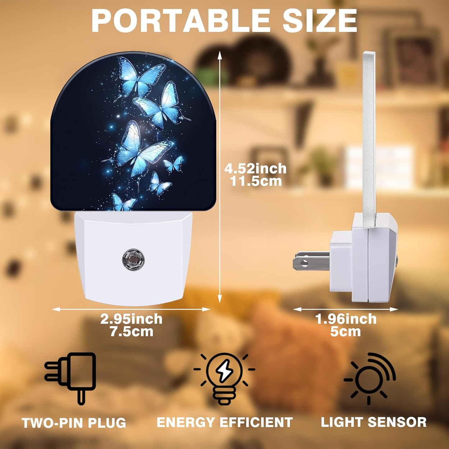 Night Lights Plug into Wall Glowing Blue Butterfly Night Light Dusk to Dawn Smart Sensor Decorative Round Led Lamp for Bedroom Kitchen Hallway Nightlight for Women Men