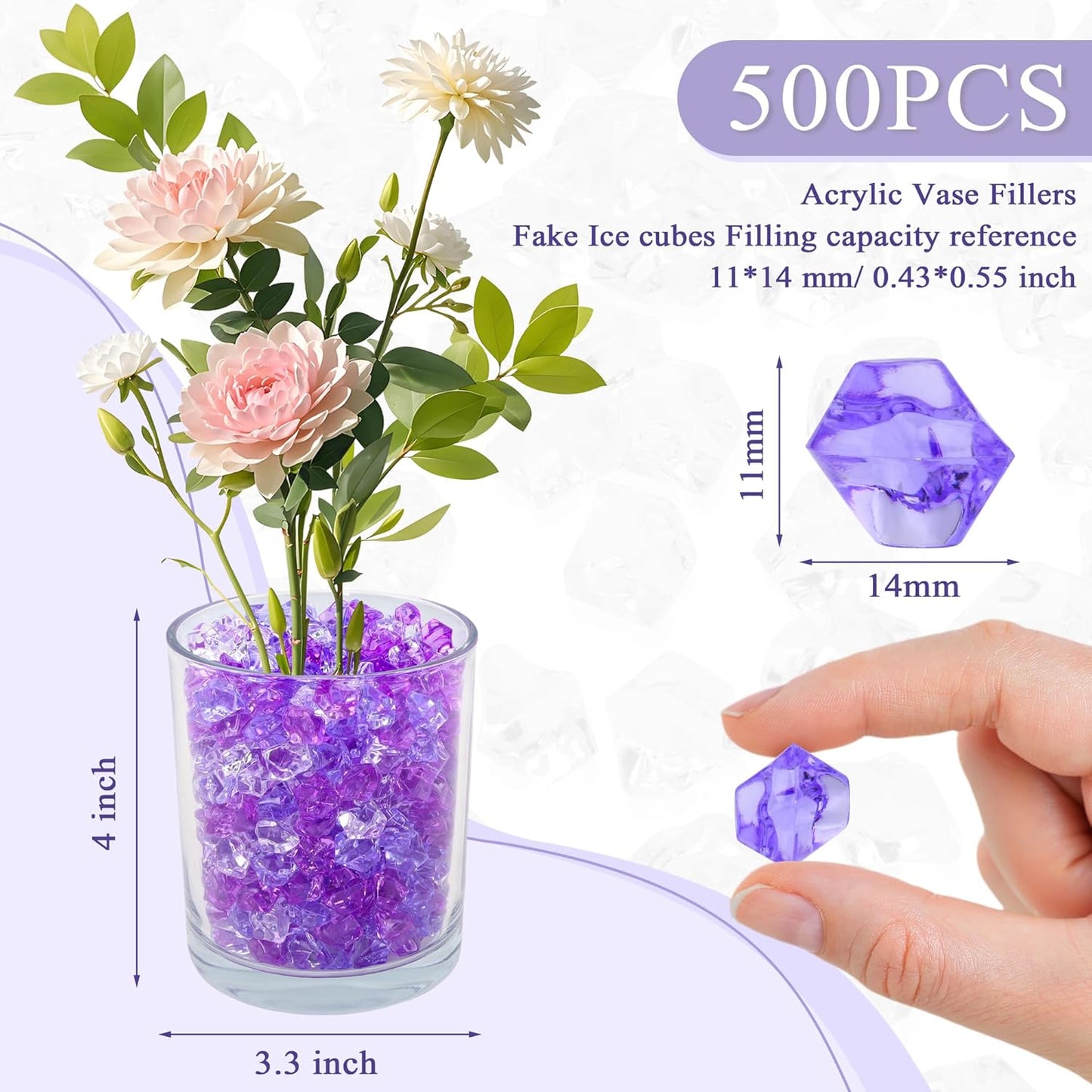 YATOJUZI 500pcs Fake Ice Cubes Purple Assorted Acrylic Crushed Rocks Vase Fillers Plastic Diamonds Gems for DIY Party Wedding Centerpiece Table Scatter Prop Display 0.5" (Random Color)