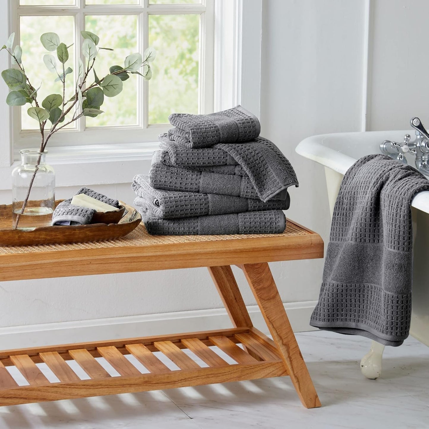 100% Cotton Super Soft Luxury Towel Set | Quick-Dry and Highly Absorbent | Waffle Textured | 550 GSM | 2 Bath Towels, 2 Hand Towels, & 2 Washcloths | Harper Collection (Dark Grey)