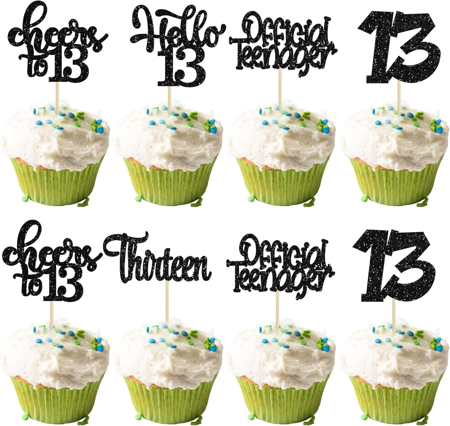 30Pcs 13th Birthday Cupcake Toppers Hello 13 Cupcake Picks Official Teenager Cheers to 13 Years Old Cake Decorations for 13th Birthday Anniversary Party Supplies Black Glitter