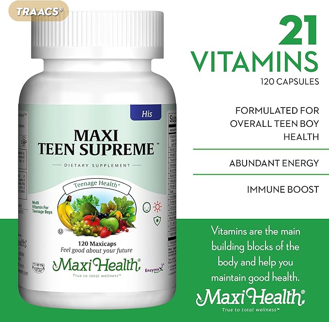 Maxi Health Multivitamin for Him – Boys Vitamins for Ages 12–17 Teen Supreme – Men’s Multivitamin for Energy, Immune Boost, Body & Brain Includes D3, Iron, Calcium, Digestive Enzymes (120 Count)