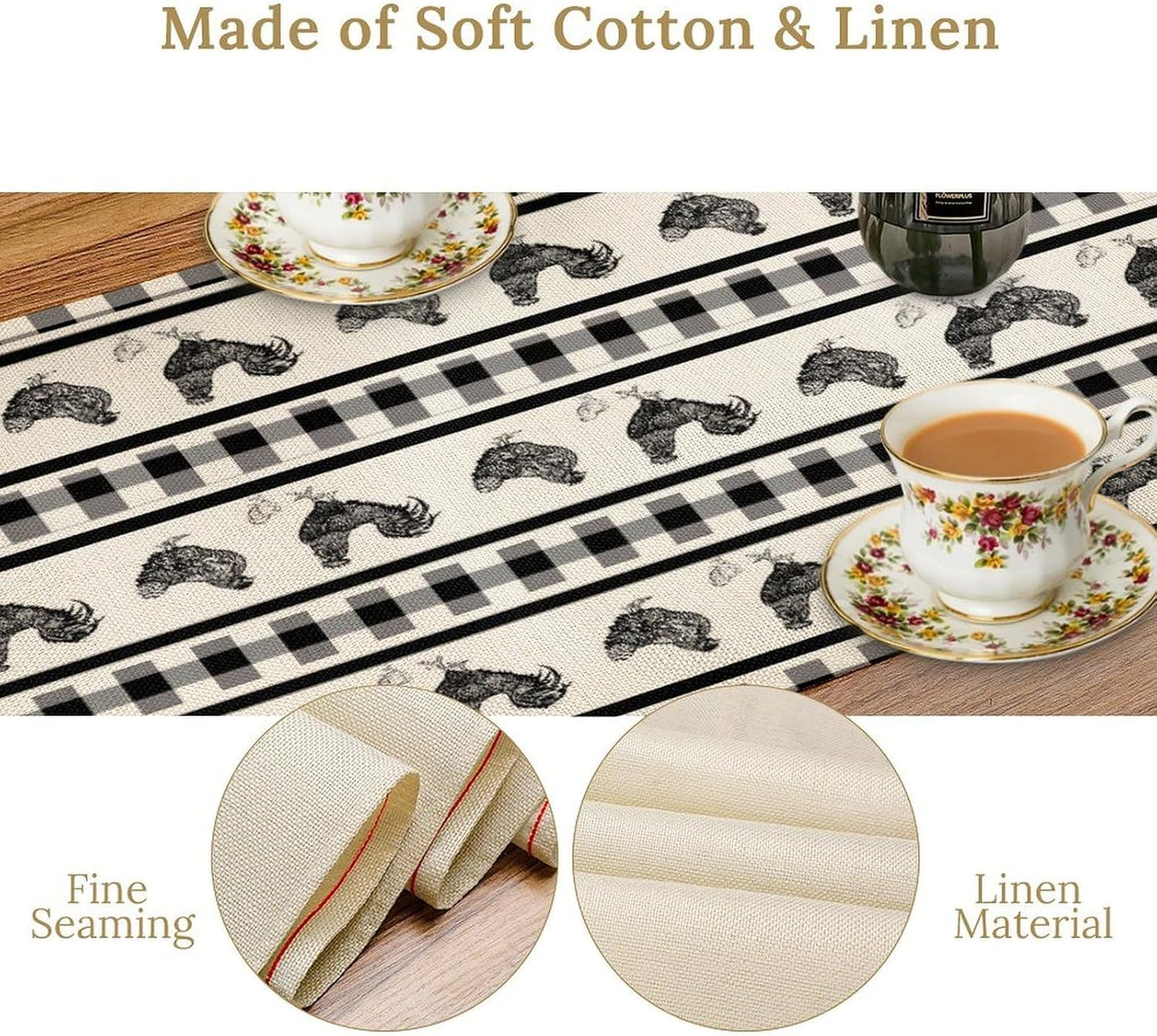 Rooster Table Runner,Farmhouse Animal Vintage Chicken Black White Plaid Check Tablecloth Burlap for Hotel Indoors Outdoor Dining Room Kitchen Home Decor,W13X L80 in