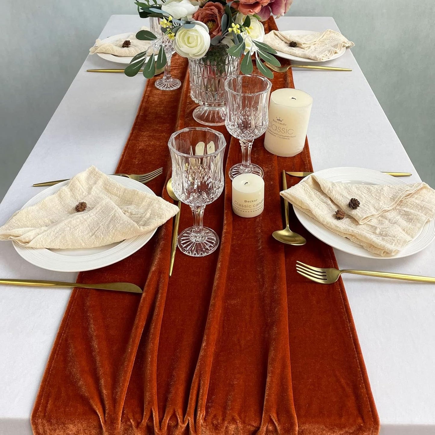 Luxurious Velvet Table Runner, 10ft Wedding Reception Decorations, 20x120inch Soft Velvet Fabric, Table Linen Overlay, Wedding Table Runners (Terracotta, 20X120inch, 5pack)