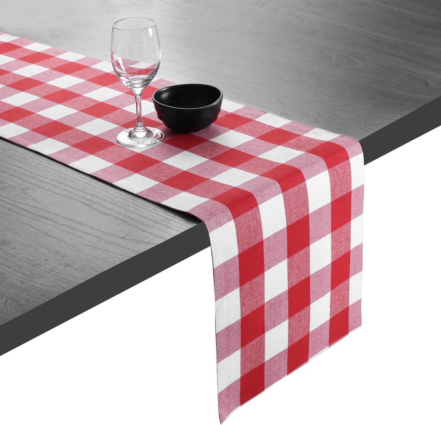 Native Fab Table Runner Buffalo Check Plaid 100% Cotton - 13x90 Inches Kitchen Dining Table Decoration for Indoor Outdoor Farmhouse Home Party Decor - Red and White