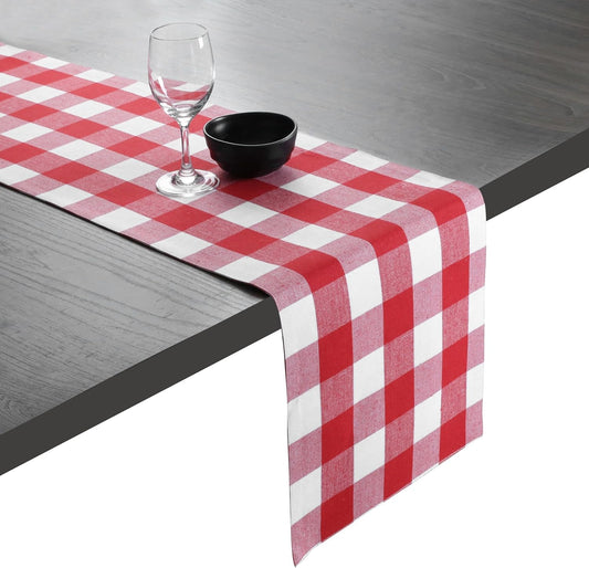 Native Fab Table Runner Buffalo Check Plaid 100% Cotton - 13x90 Inches Kitchen Dining Table Decoration for Indoor Outdoor Farmhouse Home Party Decor - Red and White