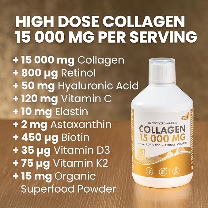 Swedish Nutra - Liquid Marine Collagen 15,000mg - 500ml I Hydrolyzed Collagen Peptides (Type I & III) I Hyaluronic Acid, Biotin, Vitamin C I Sugar Free- 20 Day Supply