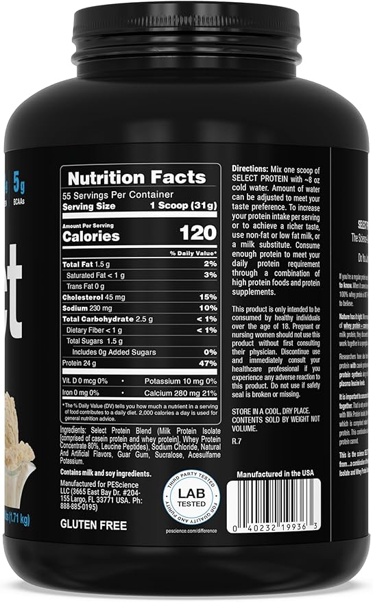 PEScience Select Protein Powder, Whey and Casein Blend, Clean Protein Powder for Women and Men, Low Calorie, Low Carb, Keto Friendly, Gluten Free, Gourmet Vanilla, 55 Servings