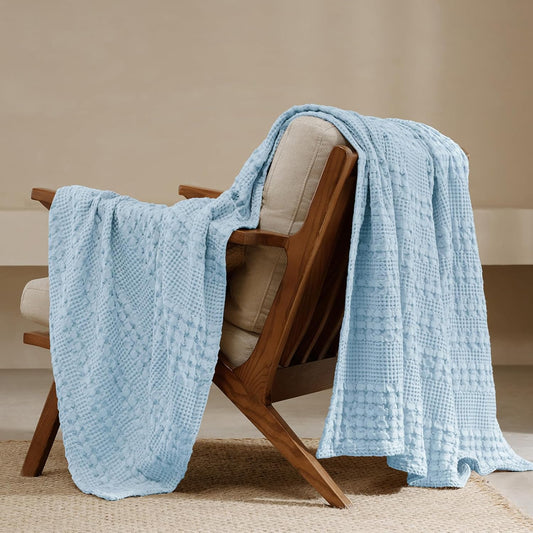 PHF 100% Cotton Waffle Weave Throw Blanket, Soft Lightweight Breathable Cozy Throws for Couch Bed Sofa, Luxury Aesthetic Woven Blanket for Home Decor & Office, 50"x60", Baby Blue
