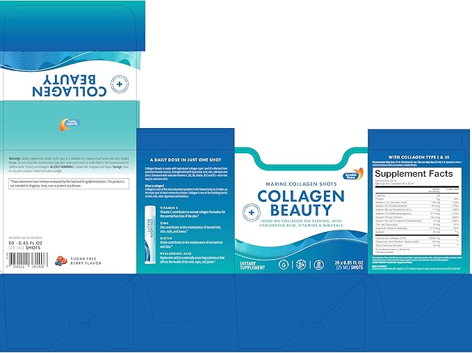 Swedish Nutra - Collagen Beauty | 10,000 mg Hydrolyzed Marine Collagen Liquid Supplement - 30 x 25 ml Daily Shots | Hyaluronic Acid and Vitamin C to Support Healthy Hair, Skin, Nails | Sugar-Free