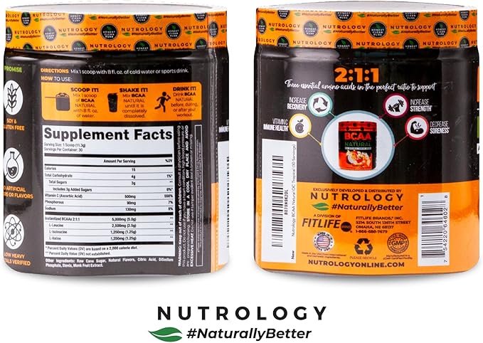 Nutrology BCAA Natural - Plant Based BCAA Powder, Orange Coconut Flavor, Optimized 2:1:1 Ratio Amino Acids Powder for Pre Workout & Post Workout Recovery, Vegan, Gluten-Free, Non-GMO, 30 Servings