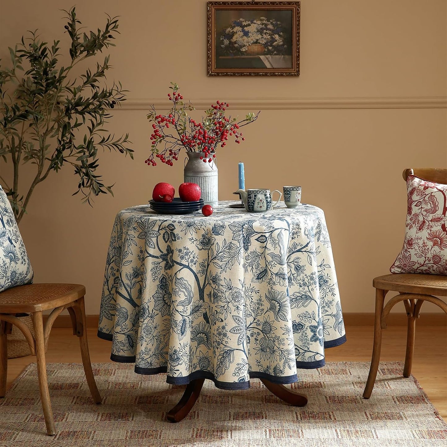 ISAENNE Designer French Linen Small Round Tablecloth,Blue Floral Washable Indoor Table Cloth,Durable Home Decor Tablecloths for Dining Thanksgiving Kitchen Party Christmas,Diameter 55"-Ruyi B