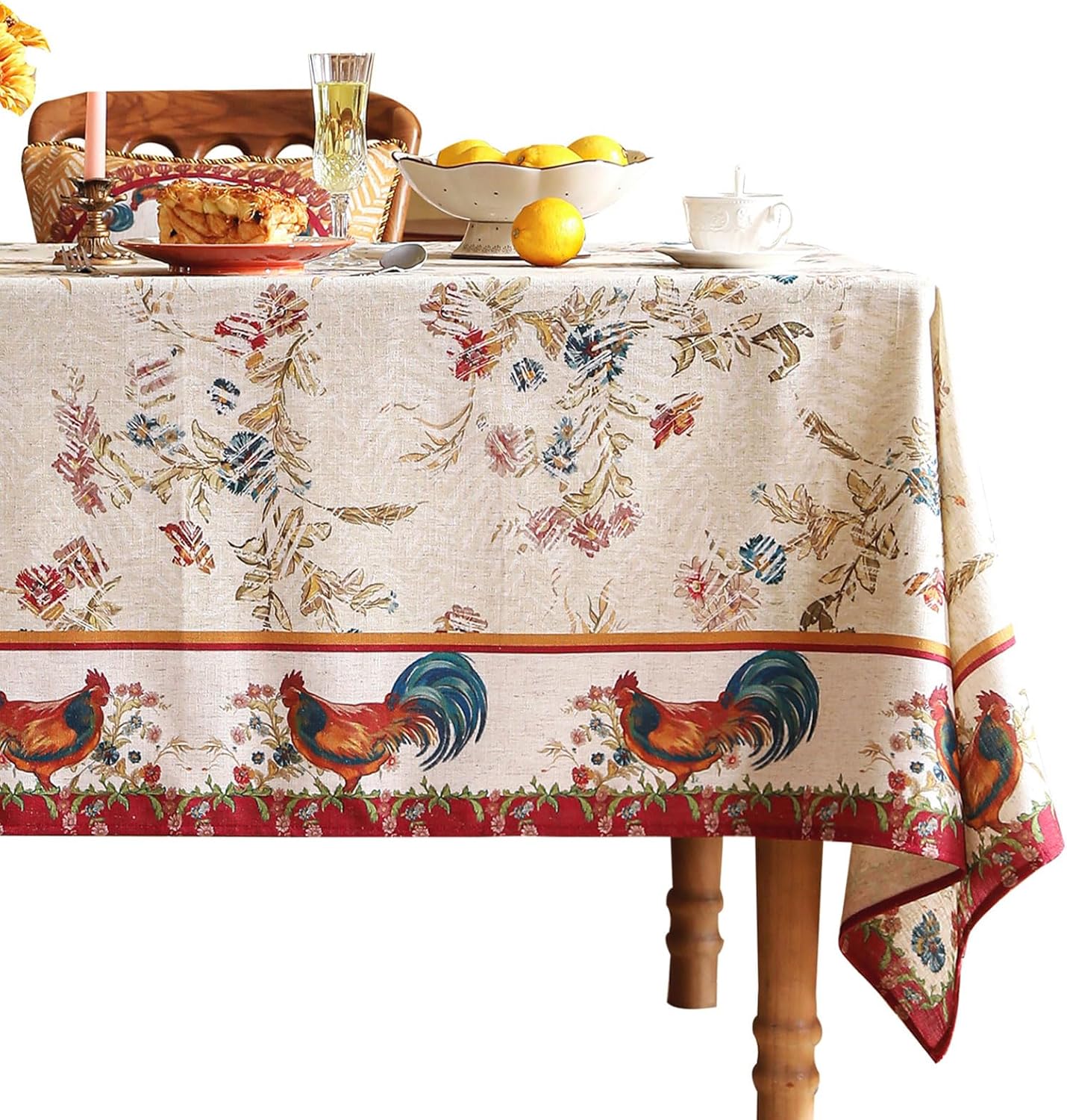 patdrea Designer Linen Tablecloth for Rectangle Table,Red Vintage Animals Pattern Floral Tablecloths,Decor Table Cover for Kitchen Dining Christmas,Tea Party,Thanksgiving,Party,63"x87"-Townlife E