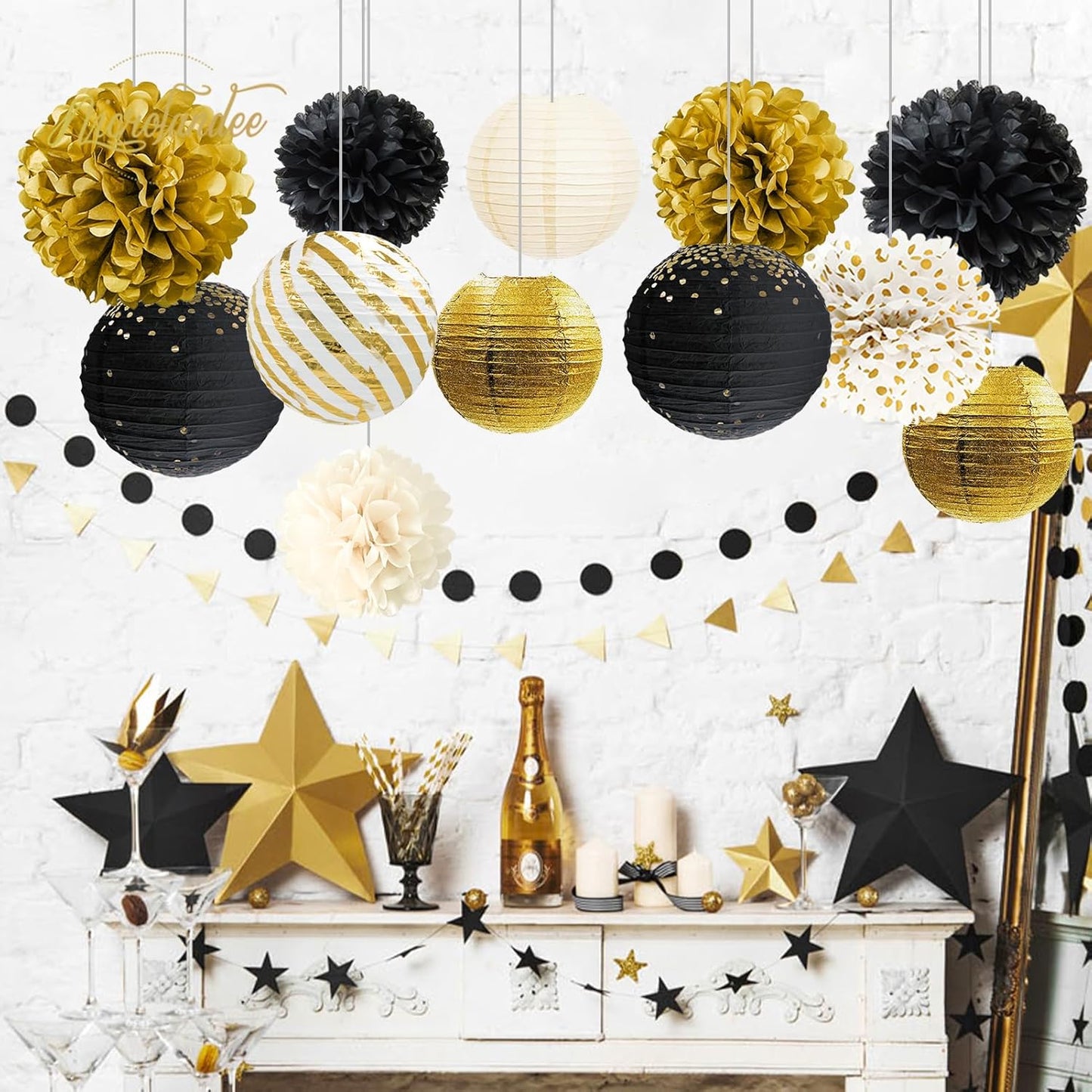 NICROLANDEE Black Gold Party Decorations,12PCS Paper Lantern Tissue Pom Poms Black and Gold Hanging Backdrop Decor for 2025 Graduation New Year Birthday Christmas Party Supplies