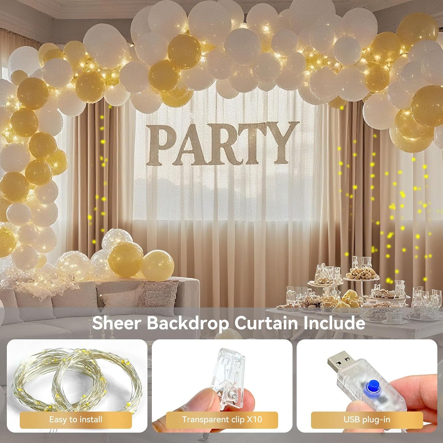 10×8ft Tulle Backdrop Curtains with Lights String - 300LED Fairy Lights Sheer Curtain Backdrop for Weddings Baby Shower and Birthday Party Decorations(6 Panels 5×8ft)