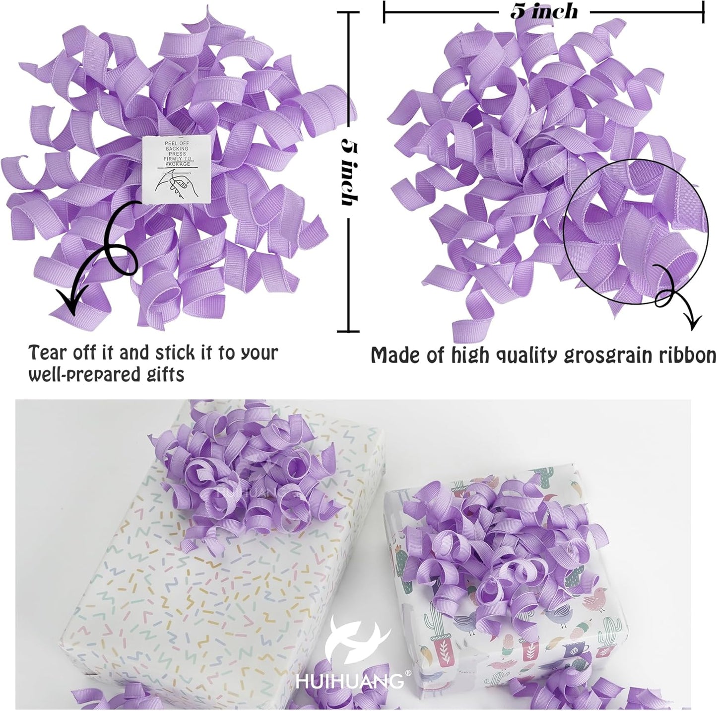 HUIHUANG Purple Bows for Gift Wrapping, Lavender Curly Ribbon Bows Self Adhesive Burst Gift Bow for Presents, Wine Bottle, Treat Bags, Wrap Accessories, Bridal Shower Wedding Party Favor - 6 Counts