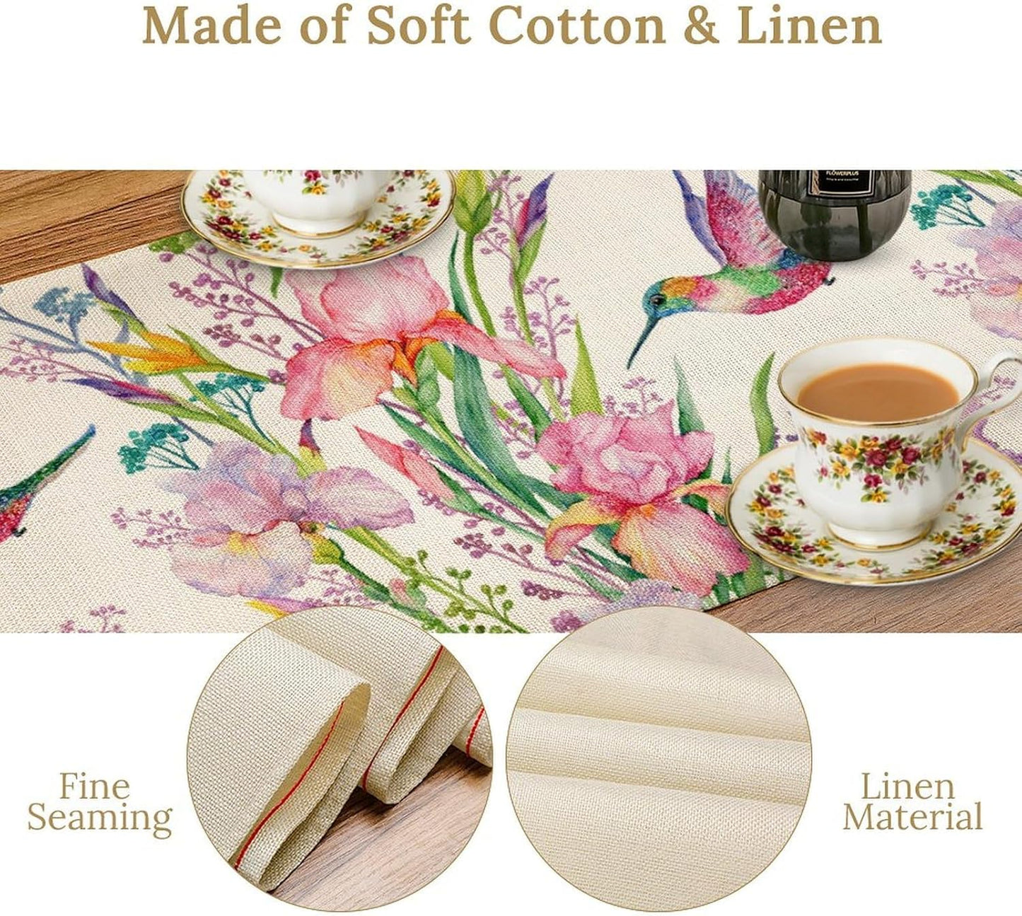 Hummingbird Table Runner,Pink Floral Country Style Table Runner for Kitchen Dining Table Home Party Decoration 13x108 Inch