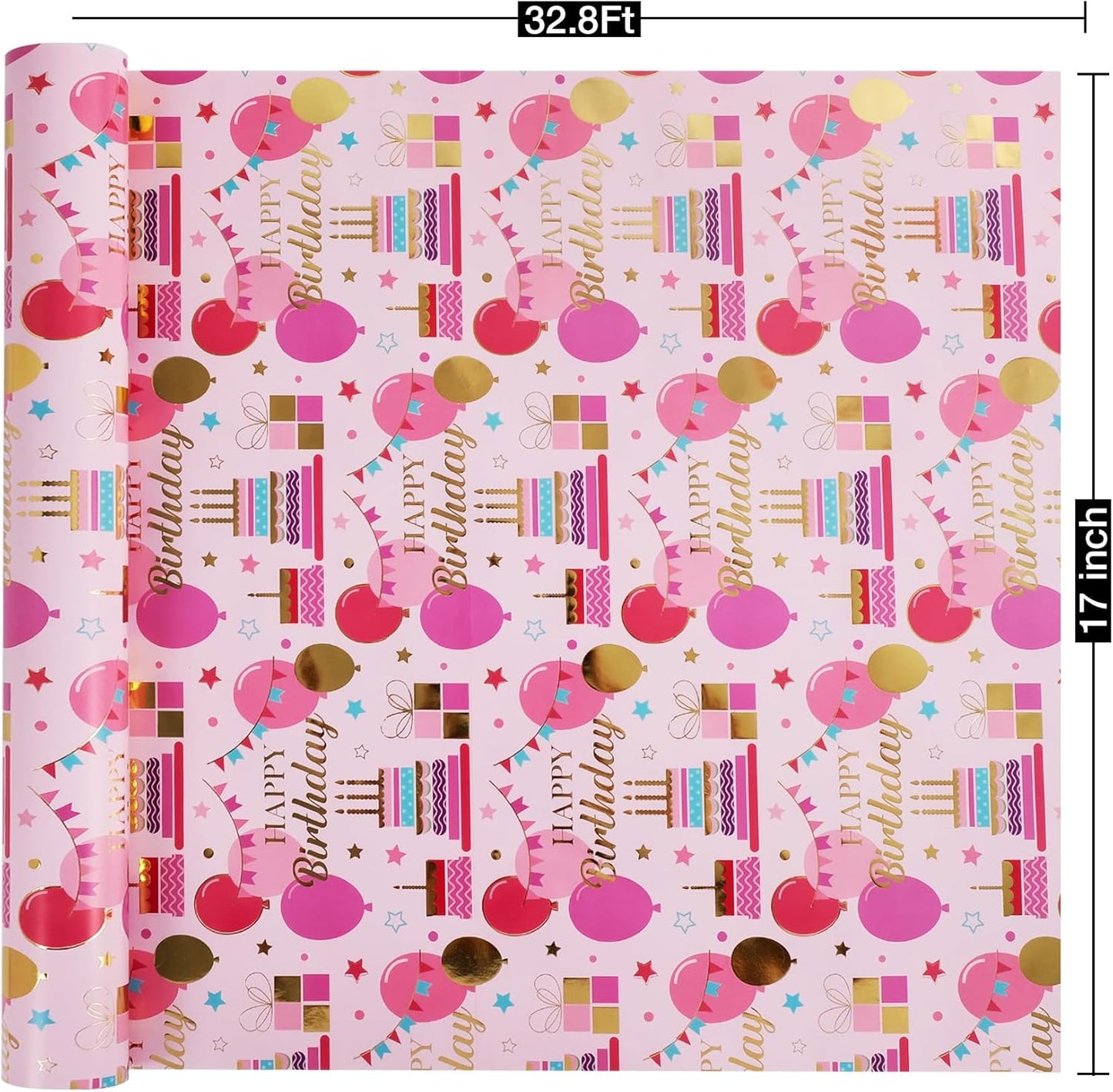 Aimyoo Pink Birthday Wrapping Paper Roll - 17 Inch X 32.8 Feet - Gold Foil Celebration Cake, Balloon, Happy Birthday Lettering Design Gift Wrap for Kids, Baby Showers