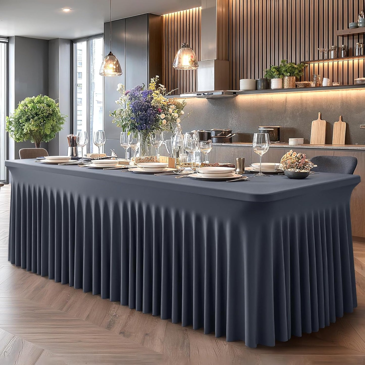 Wish Care 6 Pack Gray Spandex Table Clothes for 6 Foot Rectangle Tables, 6FT Wrinkle Free Fitted Tablecloths Ruffles Design Table Cover for Party, Banquet, Wedding and Events