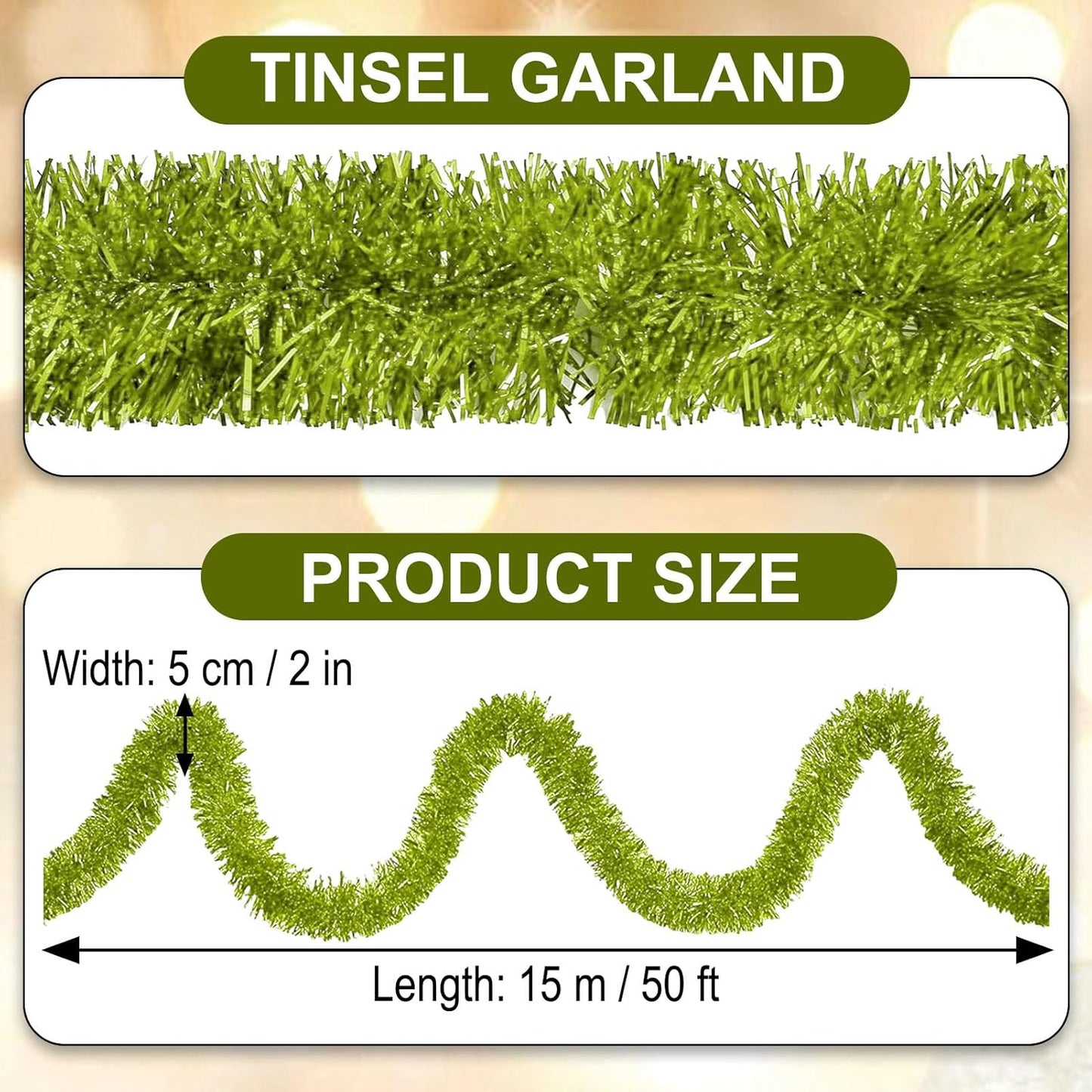 50 Feet Light Green Christmas Tinsel Garland, Metallic Foil Twist Garland Wall Hanging Tinsel Banner Backdrop for Parade Floats, Easter, Mother's Day, Wedding Party Decorations (2in x 50ft)