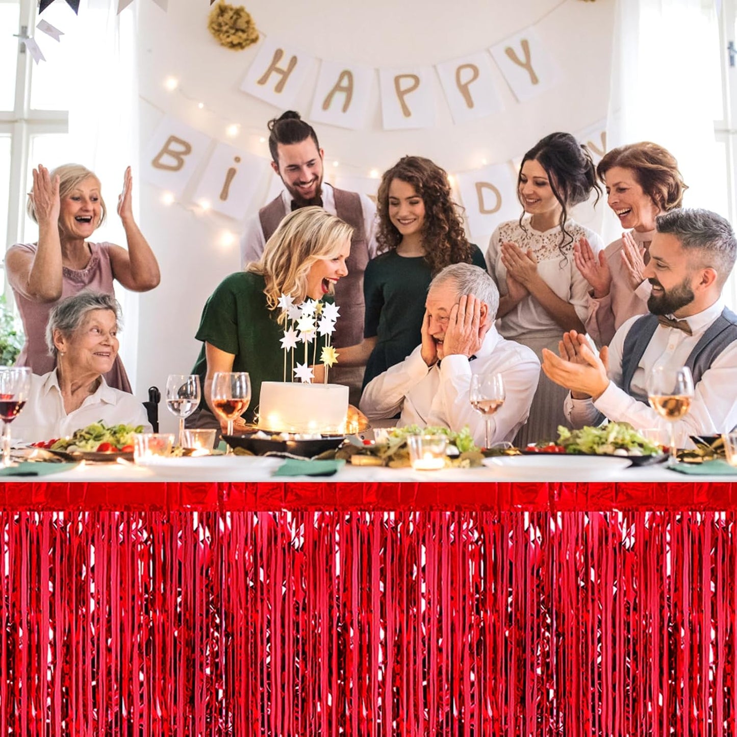 3 Pack 29 x108 Inch Red Foil Fringe Table Skirts Metallic Banner for Tinsel Streamer Garland Backdrop for Parade Floats Wedding Thanksgiving Birthday Christmas Halloween New Year Party Decoration