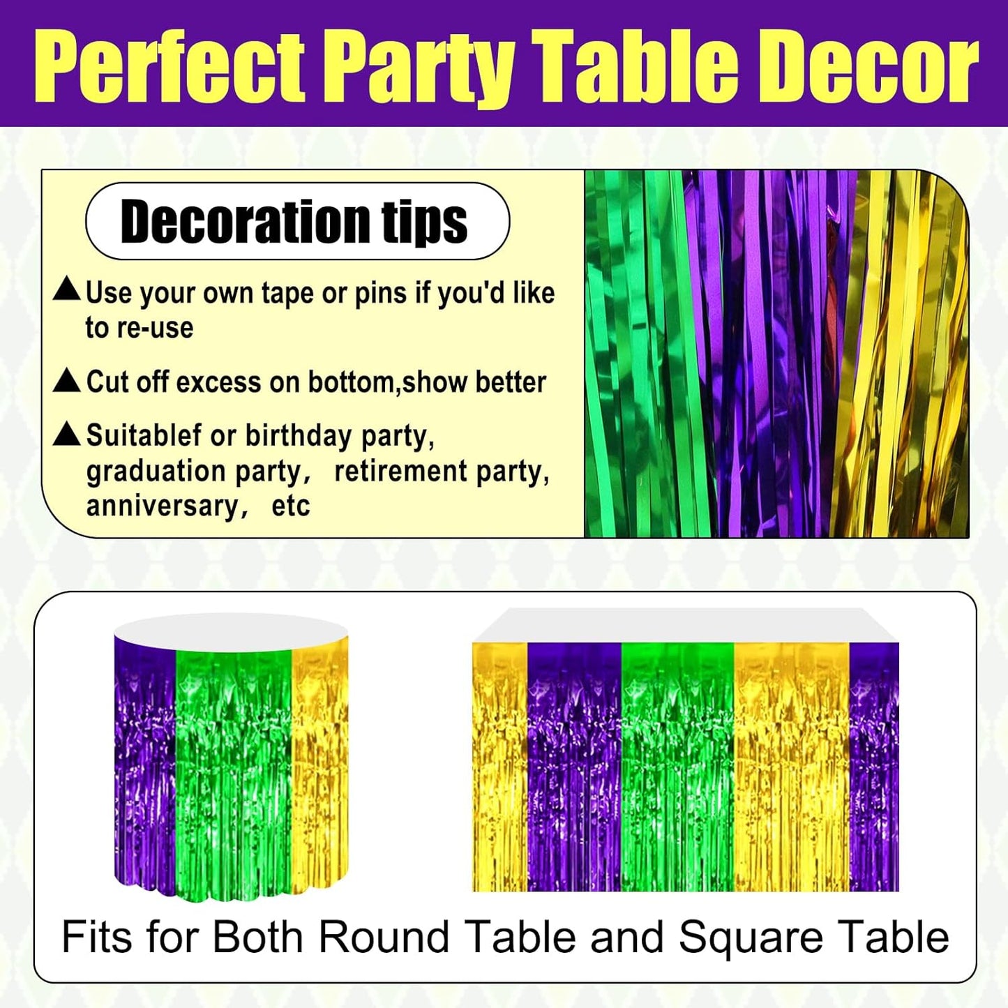 3 Pack 29x108 Inch Gold Green Purple Foil Fringe Table Skirts Metallic Banner for Tinsel Streamer Garland Backdrop for Parade Floats Wedding Thanksgiving Birthday Christmas Halloween Party Decoration