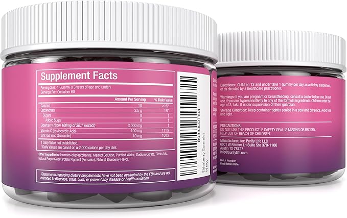 Purify Life Sugar-Free Kids Elderberry Gummies with Vitamin C & Zinc – Daily Immune Support Supplement for Children, Sambucus Antioxidant, Vegan, 60 Ct