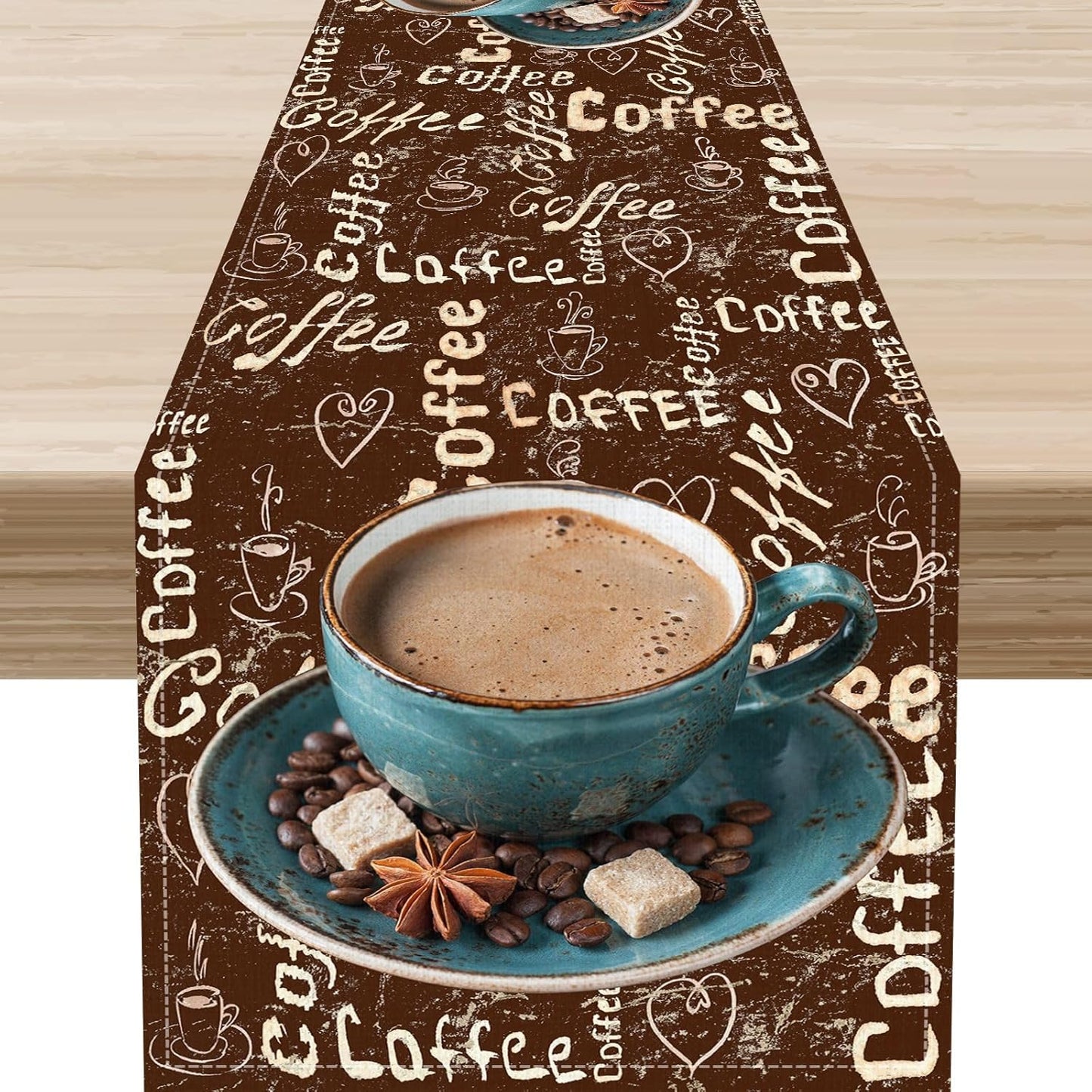 Coffee Theme Table Runner, Farmhouse Retro Brown Coffee Cup Tea Party Rustic Cafe Table Center Decor for Home Kitchen Dining Patio Holiday Party Indoor Outdoor Table Decorations,13"x72" Inch