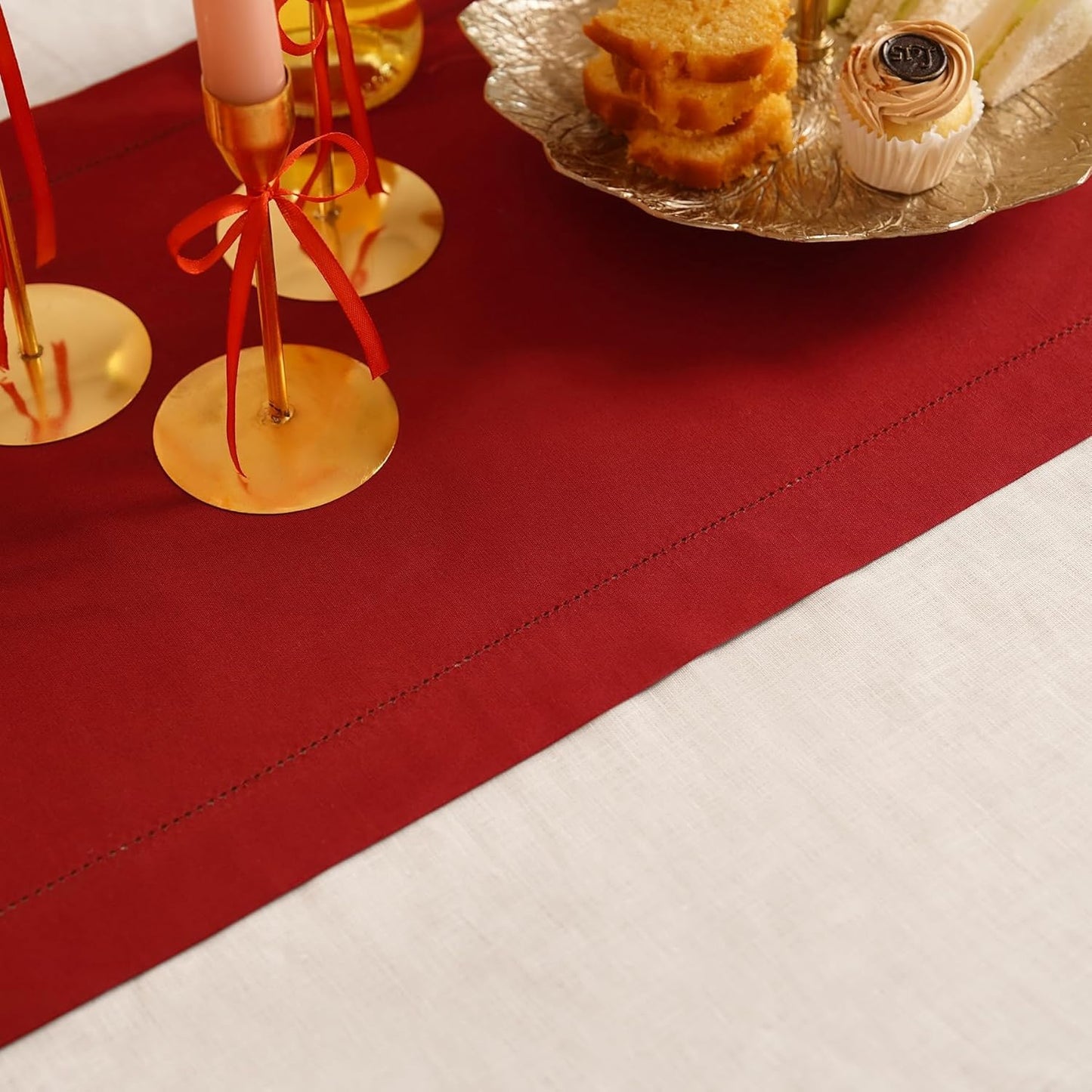 Cotton Linen Table Runner 120 Inches Long – Farmhouse Red Table Runner for Thanksgiving, Christmas, Winter, New Year – Washable Hemstitch Fabric Ideal for Gifting – Serena
