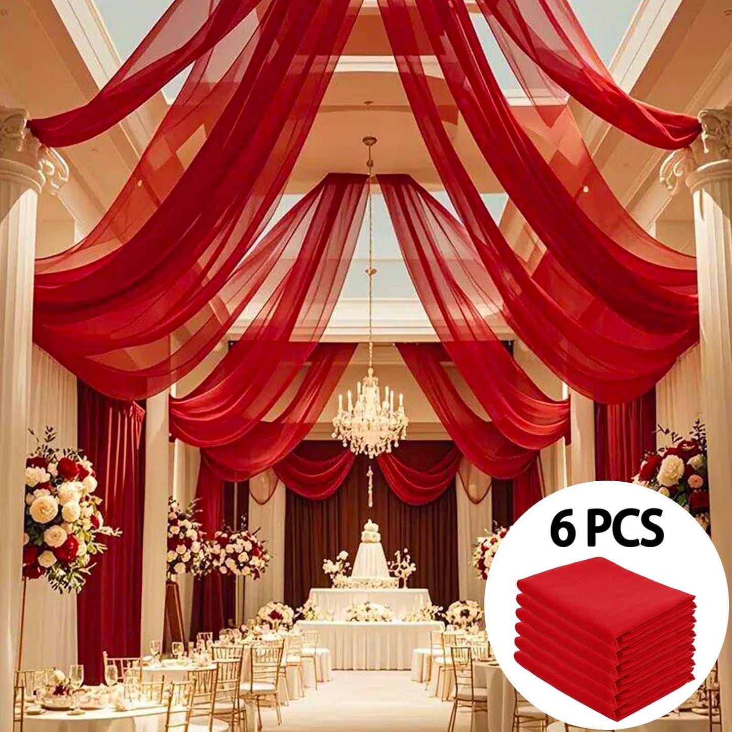 DUOBAO Ceiling Drapes 5FTx10FT Red Backdrop Curtains for Tent Drape Elegant Events Dark Red Wedding Arch Draping Fabric Sheer Chiffon Curtain for Banquet Room Graduation Prom, 6 Panels 5×10ft