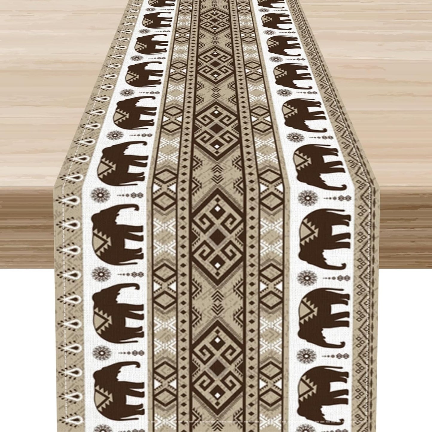 Ethnic Table Runner, Rustic Farmhouse Boho Indian Bohemian Elephant Aztec Tribal Print Beige Table Center Decor for Home Kitchen Dining Patio Holiday Party Indoor Table Decorations, 13"x90" Inch