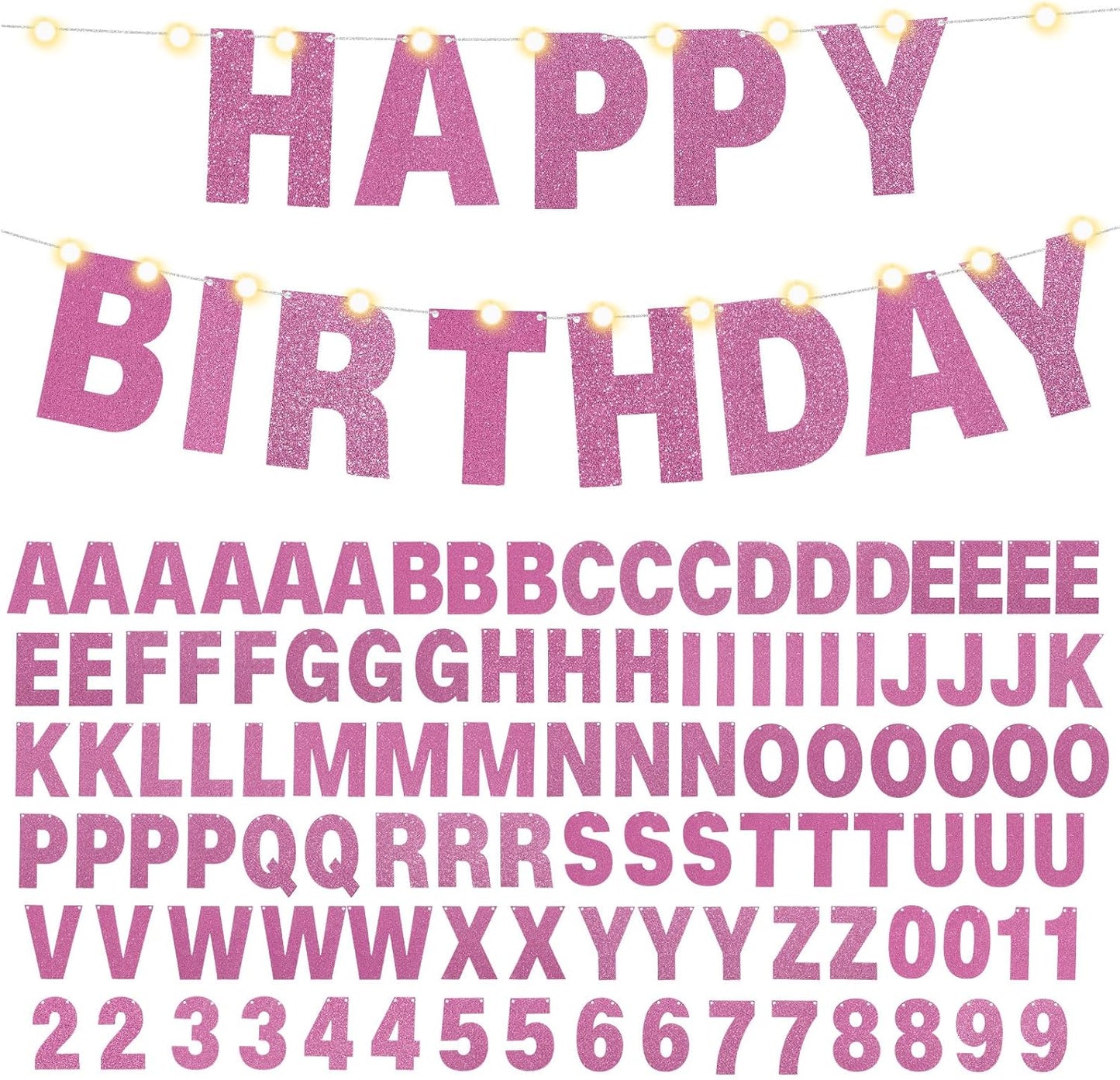 TaoBary 112 Pcs DIY Letter Custom Banner Glitter Customizable Banner Kit Including 107 Letters and Numbers 3 Rope for Valentine Birthday Party(Pink)